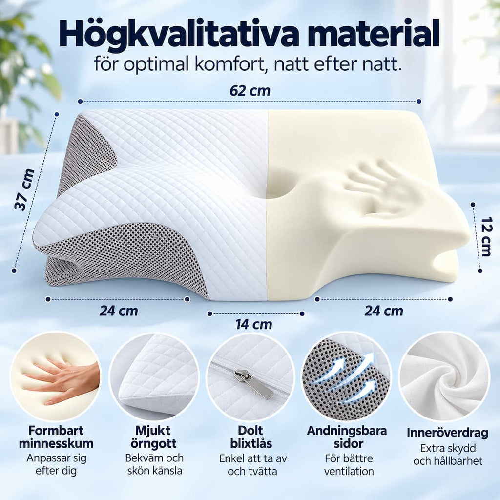 Mått och material: minnesskum, avtagbart överdrag med dolt blixtlås och andningsbara sidor