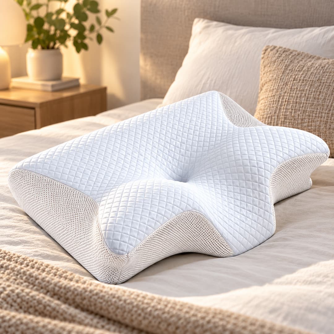 Ergonomisk kudde i minnesskum på en säng i ett skandinaviskt sovrum