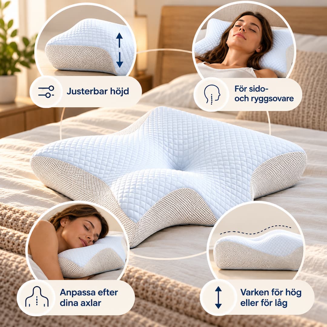 Ergonomisk kudde för sovställning på sidan, på rygg och på mage